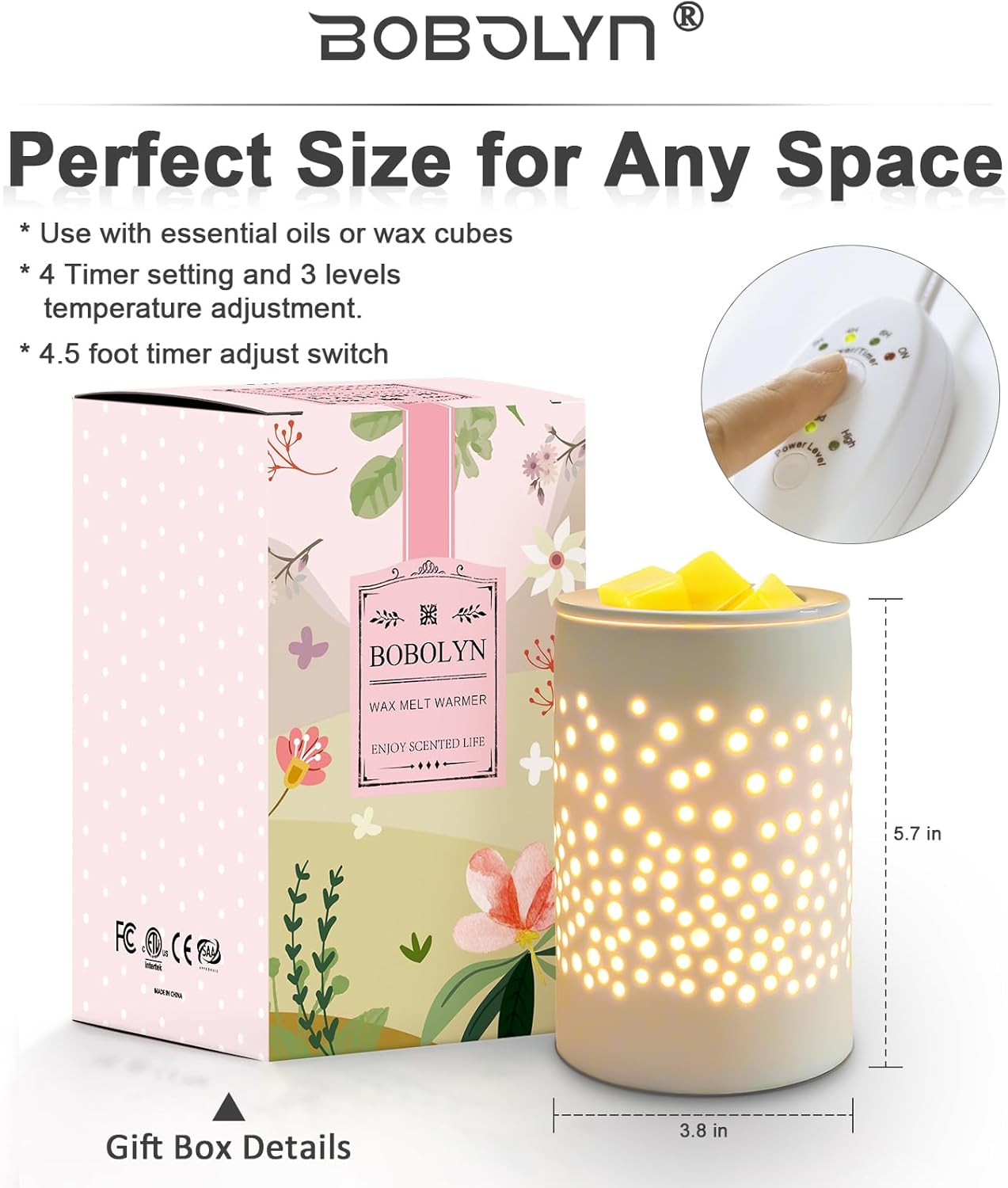 Wax Melts Candle Warmer Burner - Ceramic Electric Candle Waxing Warmer Wax Melter Timer Adjust Fragrance Intensity Auto Shut Off for Scented Wax Tart Cube Aromatherapy Home Office Bedroom Decor Gifts