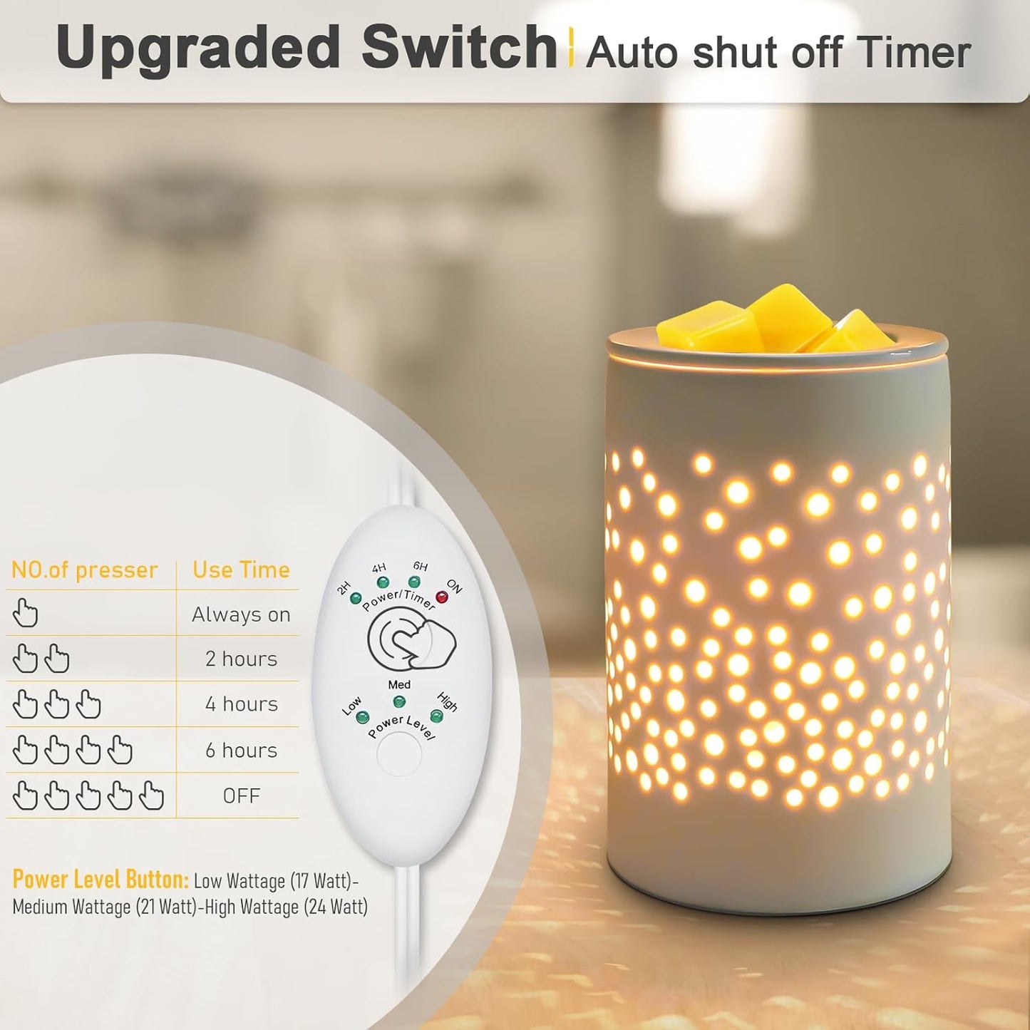Wax Melts Candle Warmer Burner - Ceramic Electric Candle Waxing Warmer Wax Melter Timer Adjust Fragrance Intensity Auto Shut Off for Scented Wax Tart Cube Aromatherapy Home Office Bedroom Decor Gifts